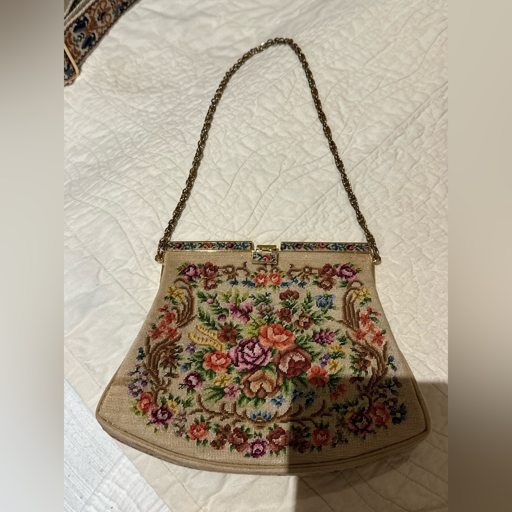 Vintage Floral Petit Point Needlepoint Tapestry Handbag with Chain Strap